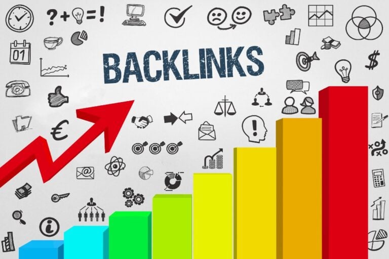 Backlinks are important this graphic creative has compairing bars and an arrow upwards and text backlinks which represents the backlinks can take your website upwards