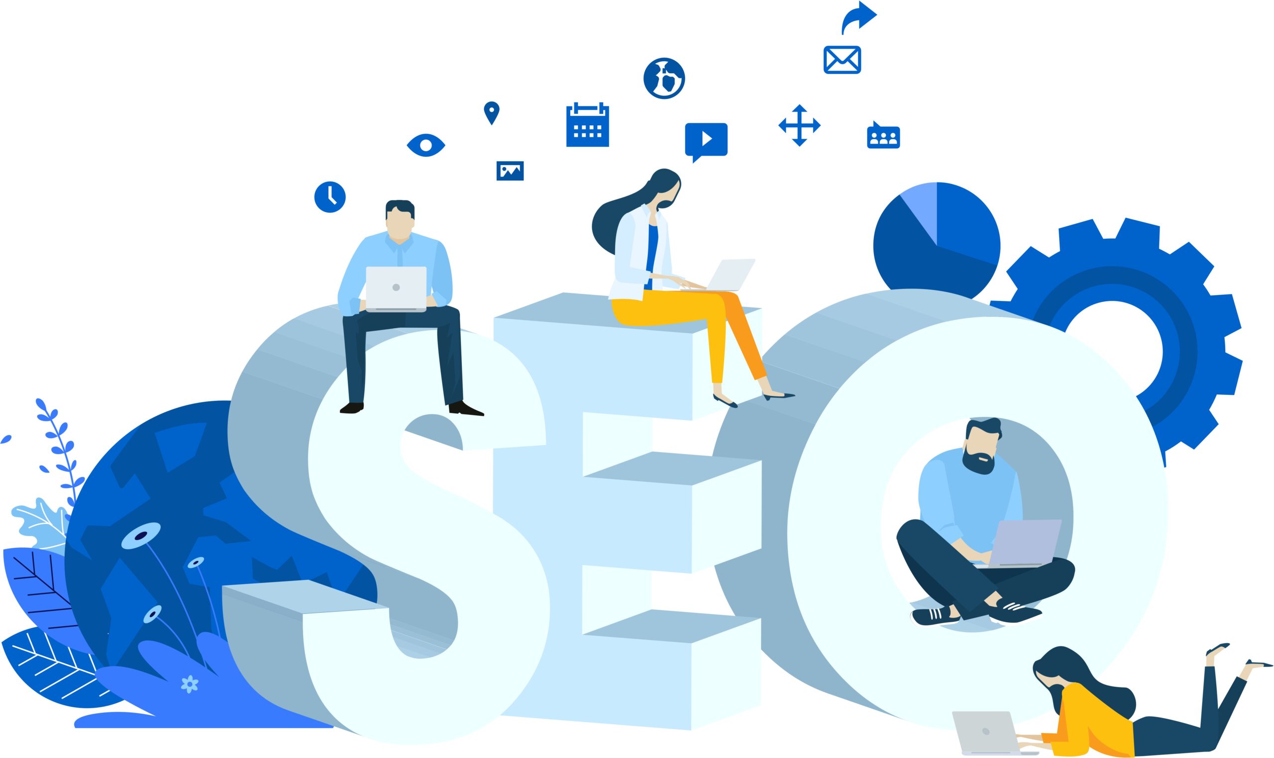 Off page SEO package | SEO written in 3D text, experts are sutting on giant letters