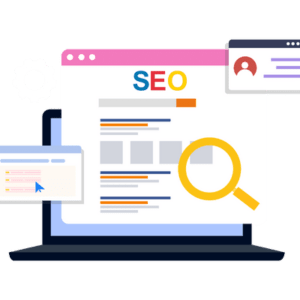A search engine image with classic magnifying glass in which the SEO character seems to search for his ranking - Analogy