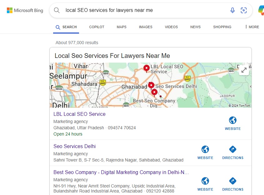 On bing local SEO results looks like this when people search lawyers