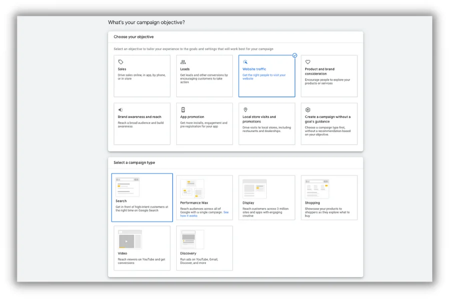 Step 2 - Google ad setup, select your campaign objective