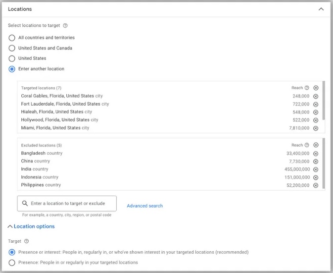 Selecting/excluding location Google ads